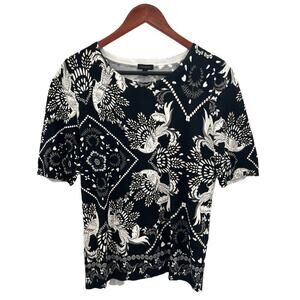 Talbots Floral Bird Print Short Sleeve Sweater